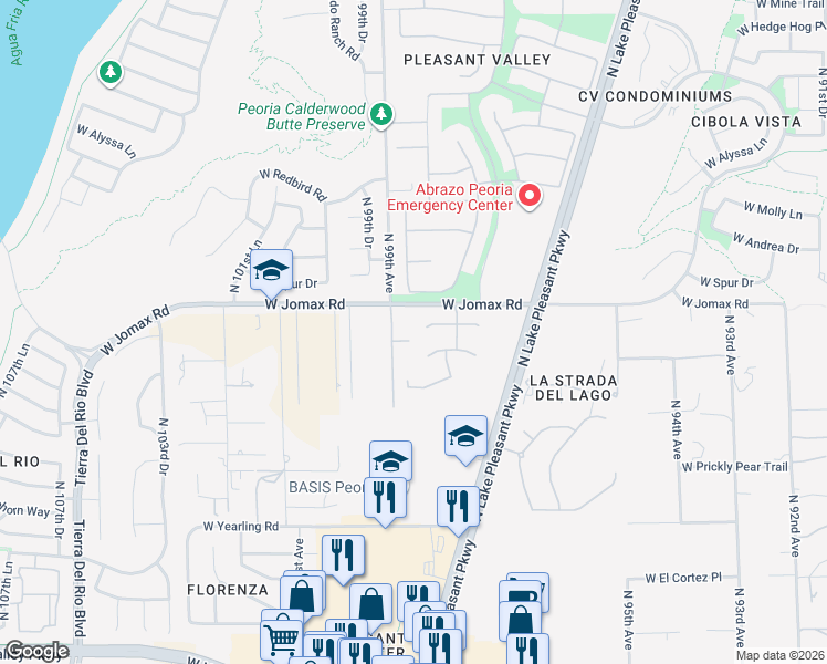 map of restaurants, bars, coffee shops, grocery stores, and more near 9808 West Tether Trail in Peoria