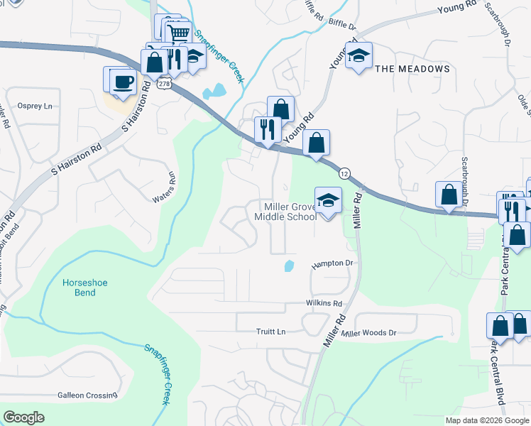 map of restaurants, bars, coffee shops, grocery stores, and more near 2212 Creekview Trail in Decatur