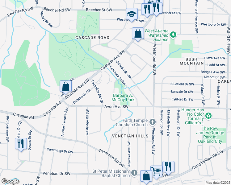 map of restaurants, bars, coffee shops, grocery stores, and more near 1128 Chatham Avenue Southwest in Atlanta