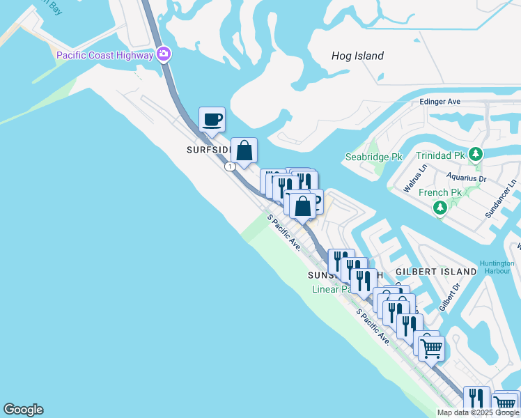 map of restaurants, bars, coffee shops, grocery stores, and more near 16406 Surfside Avenue in Seal Beach