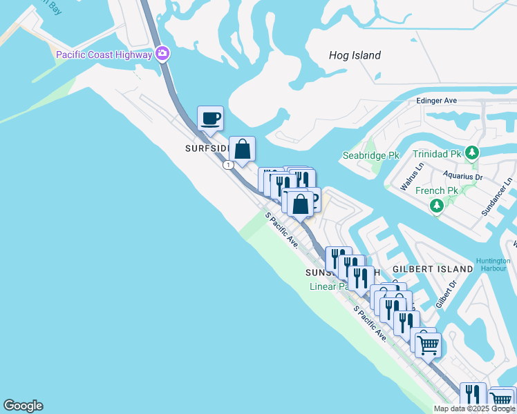 map of restaurants, bars, coffee shops, grocery stores, and more near 20190 Surfside Avenue in Seal Beach