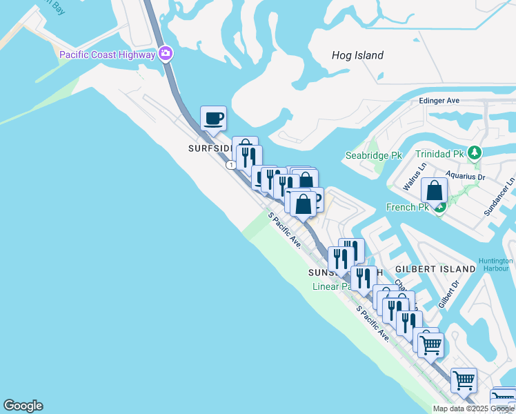 map of restaurants, bars, coffee shops, grocery stores, and more near 2 Surfside Avenue in Seal Beach