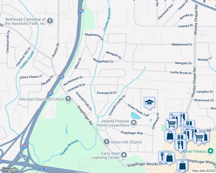 map of restaurants, bars, coffee shops, grocery stores, and more near 3989 Emerald North Drive in Decatur