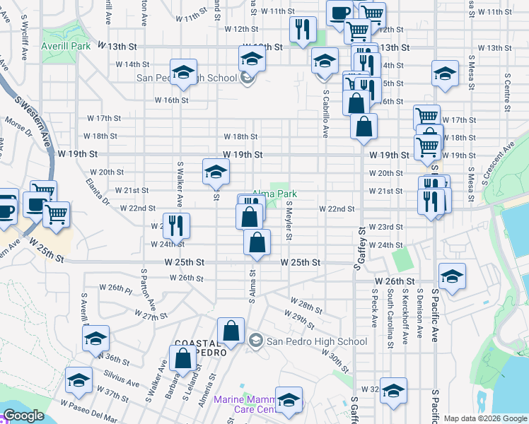 map of restaurants, bars, coffee shops, grocery stores, and more near 967 West 22nd Street in Los Angeles