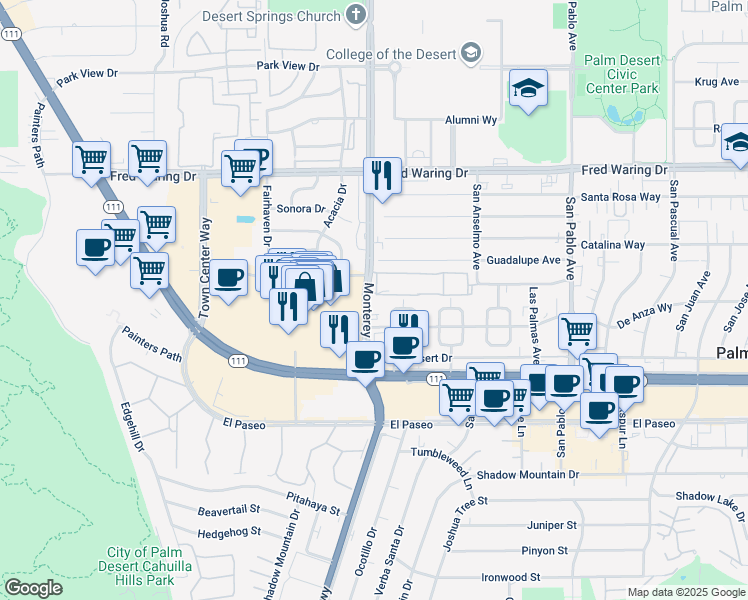 map of restaurants, bars, coffee shops, grocery stores, and more near 44610 Monterey Avenue in Palm Desert