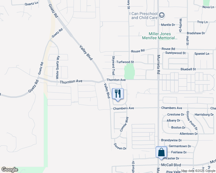 map of restaurants, bars, coffee shops, grocery stores, and more near 27287 Prominence Road in Menifee