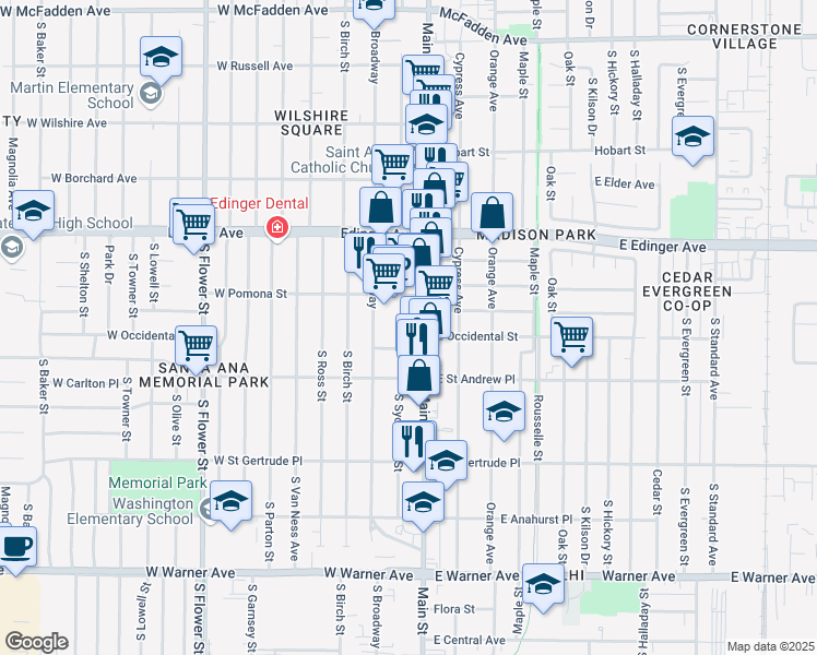 map of restaurants, bars, coffee shops, grocery stores, and more near 1752 South Main Street in Santa Ana