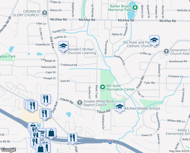 map of restaurants, bars, coffee shops, grocery stores, and more near 2225 Mark Trail in Decatur