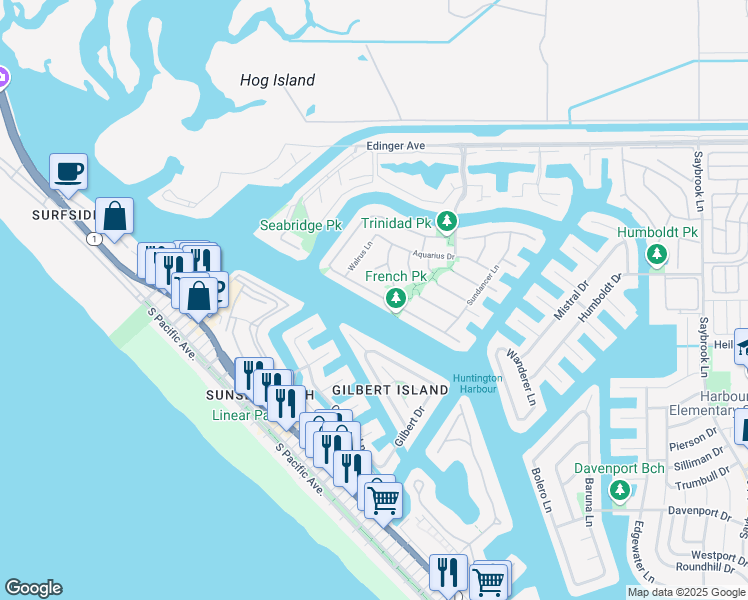 map of restaurants, bars, coffee shops, grocery stores, and more near 3422 Venture Drive in Huntington Beach