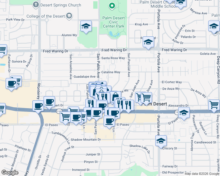 map of restaurants, bars, coffee shops, grocery stores, and more near 44635 San Carlos Avenue in Palm Desert
