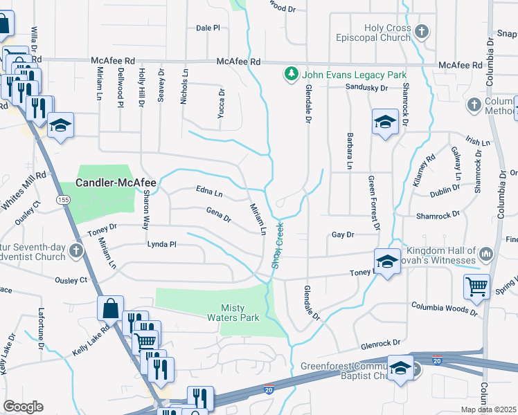 map of restaurants, bars, coffee shops, grocery stores, and more near 2434 Miriam Lane in Decatur
