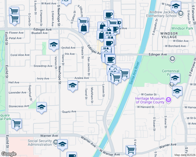 map of restaurants, bars, coffee shops, grocery stores, and more near 16454 Everest Circle in Fountain Valley