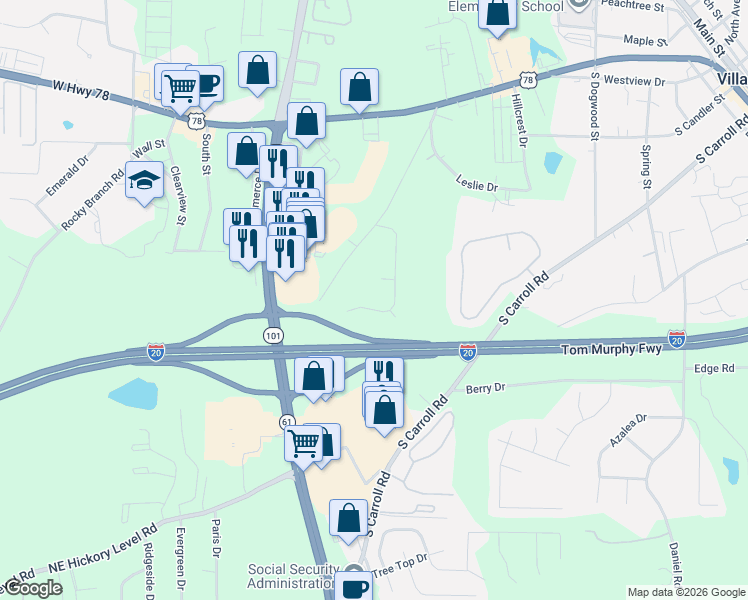 map of restaurants, bars, coffee shops, grocery stores, and more near 143 Lawrence Drive in Villa Rica