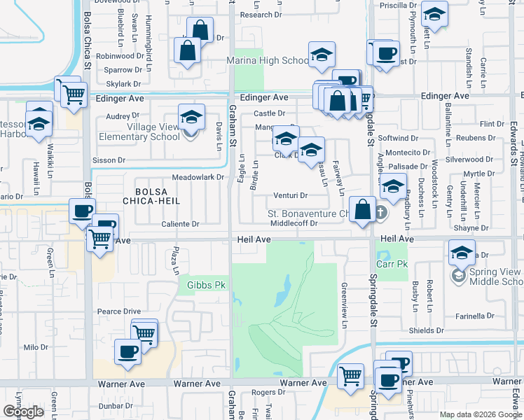 map of restaurants, bars, coffee shops, grocery stores, and more near 16381 Ace Lane in Huntington Beach