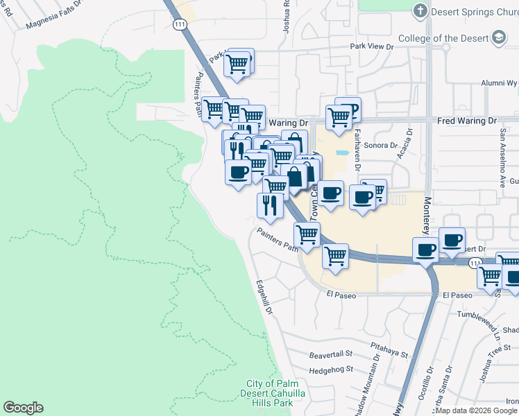 map of restaurants, bars, coffee shops, grocery stores, and more near 72555 1/2 California 111 in Palm Desert