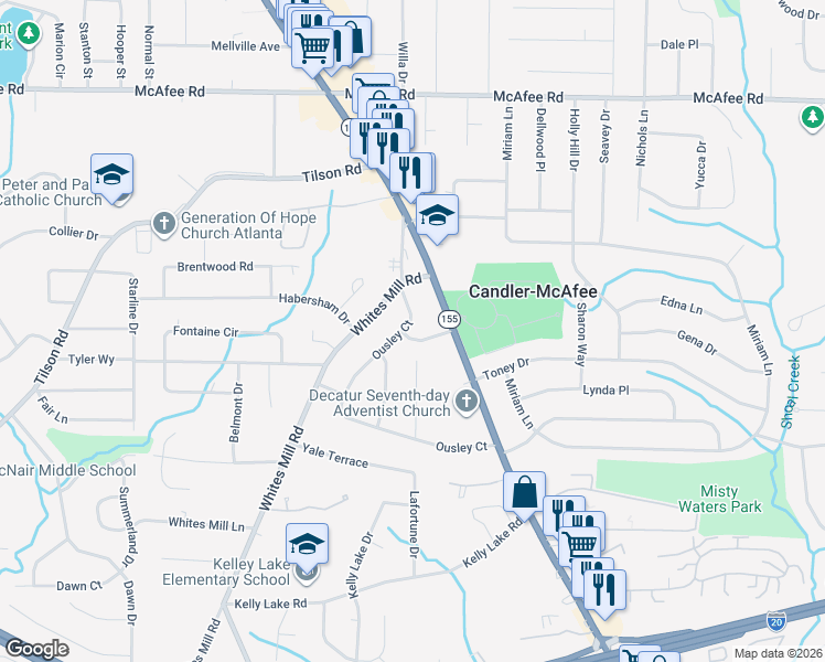 map of restaurants, bars, coffee shops, grocery stores, and more near 2247 Ousley Court in Decatur