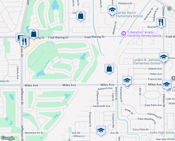 map of restaurants, bars, coffee shops, grocery stores, and more near 44382 Royal Lytham Drive in Indio