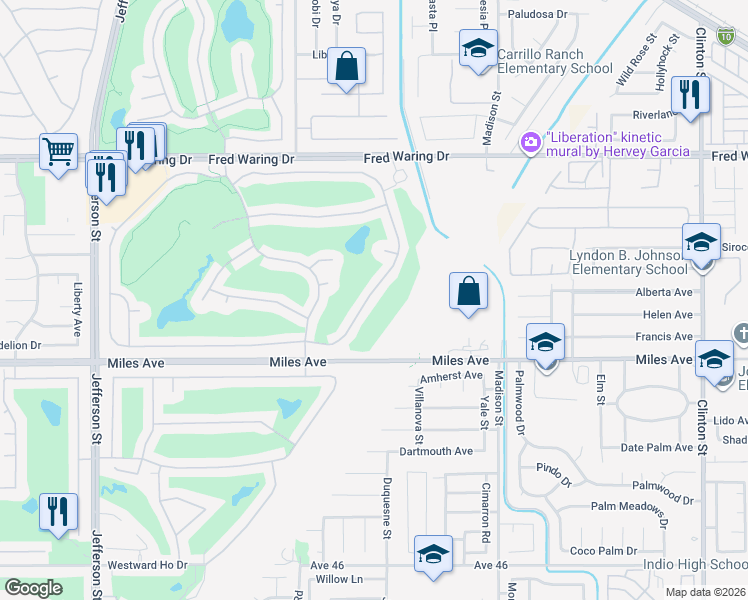 map of restaurants, bars, coffee shops, grocery stores, and more near 44382 Royal Lytham Drive in Indio