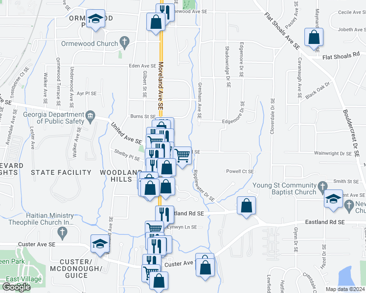 map of restaurants, bars, coffee shops, grocery stores, and more near 1278 Skyhaven Road Southeast in Atlanta