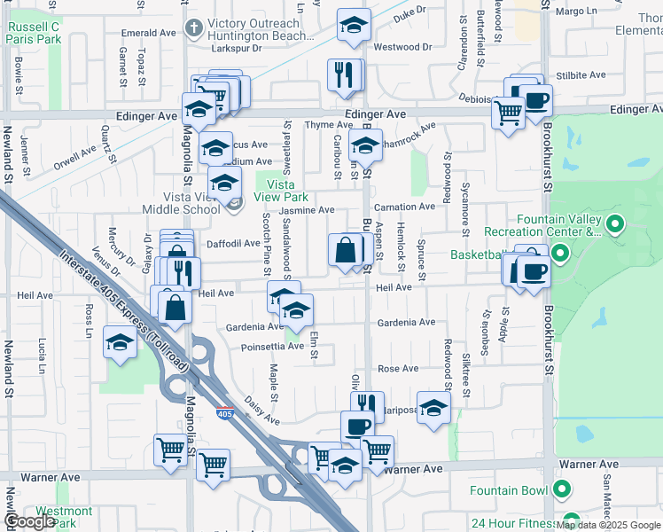 map of restaurants, bars, coffee shops, grocery stores, and more near 9485 Geranium Circle in Fountain Valley