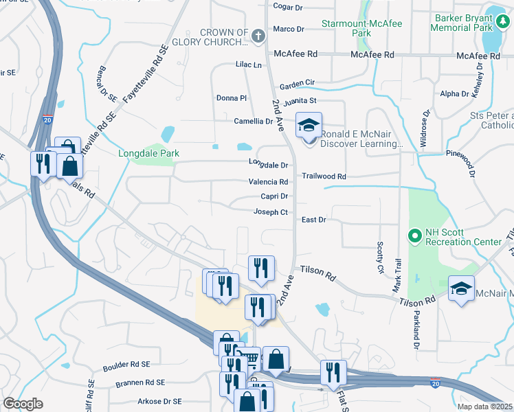map of restaurants, bars, coffee shops, grocery stores, and more near 1949 Capri Drive in Decatur