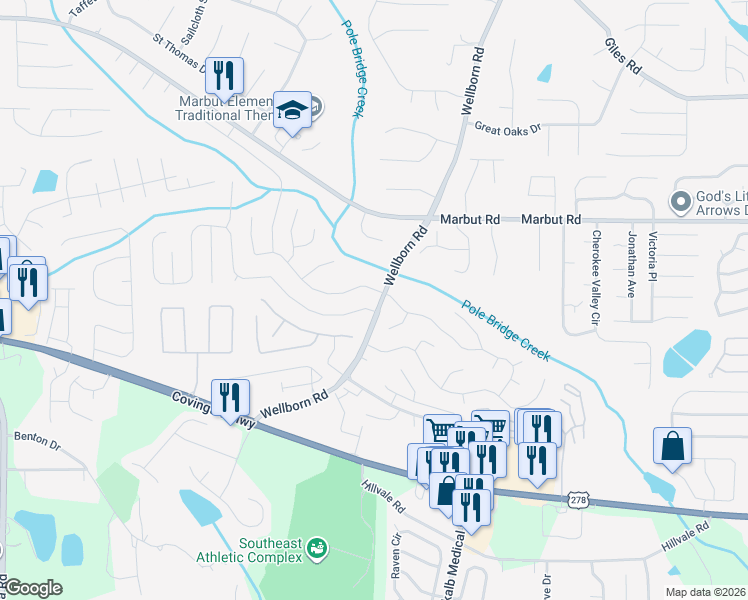 map of restaurants, bars, coffee shops, grocery stores, and more near 5843 Cedar Croft Lane in Lithonia