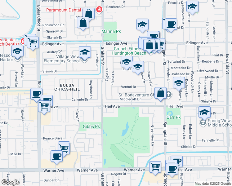 map of restaurants, bars, coffee shops, grocery stores, and more near 16355 Ace Lane in Huntington Beach