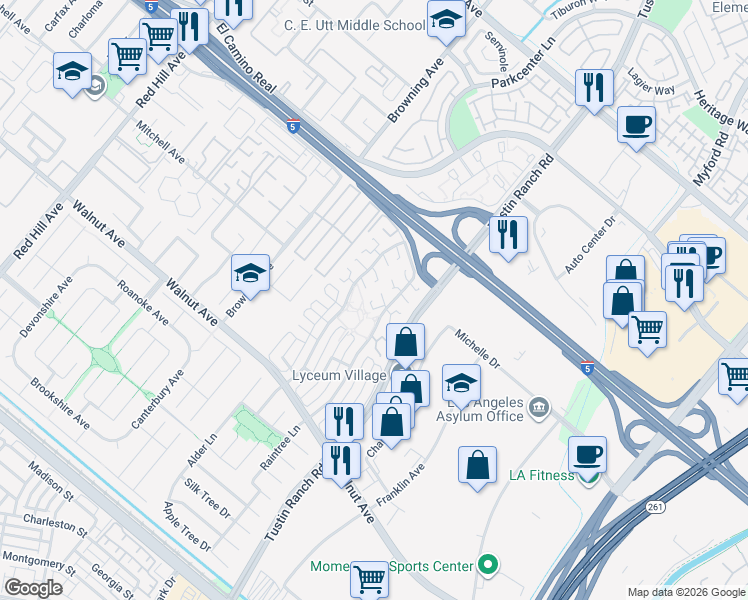 map of restaurants, bars, coffee shops, grocery stores, and more near 2284 Hazel Road in Tustin