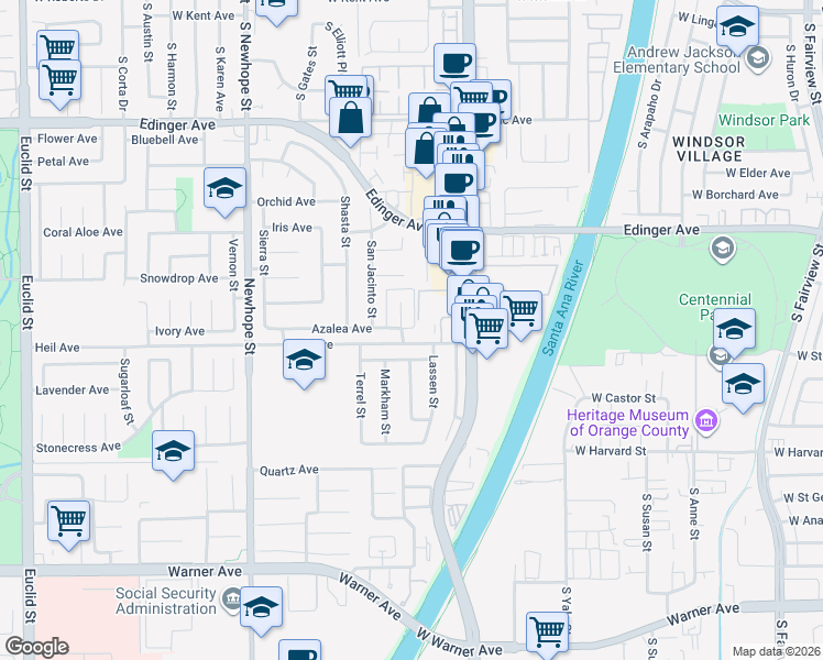 map of restaurants, bars, coffee shops, grocery stores, and more near 16454 Everest Circle in Fountain Valley