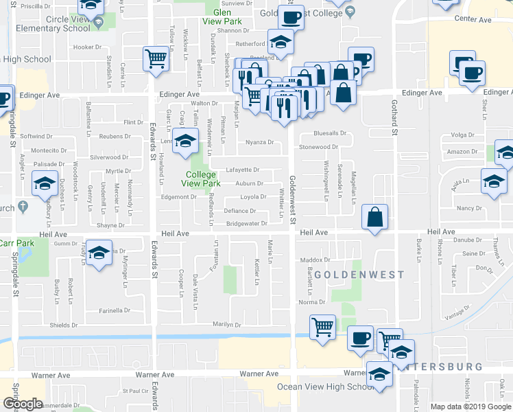 map of restaurants, bars, coffee shops, grocery stores, and more near 6832 Loyola Drive in Huntington Beach