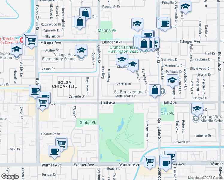 map of restaurants, bars, coffee shops, grocery stores, and more near 16355 Ace Lane in Huntington Beach
