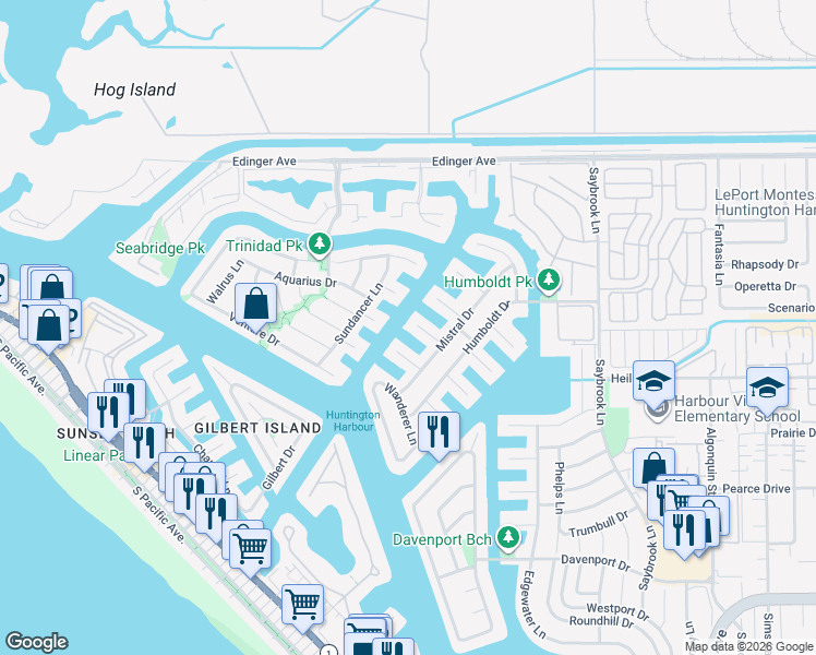 map of restaurants, bars, coffee shops, grocery stores, and more near 16352 Maruffa Circle in Huntington Beach