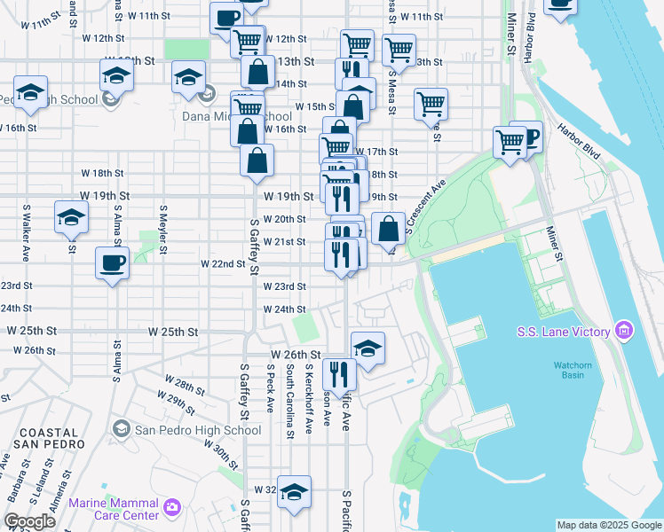 map of restaurants, bars, coffee shops, grocery stores, and more near 520 West 22nd Street in Los Angeles