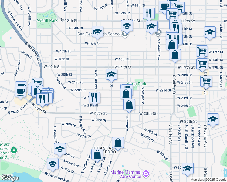 map of restaurants, bars, coffee shops, grocery stores, and more near 2120 South Leland Street in Los Angeles