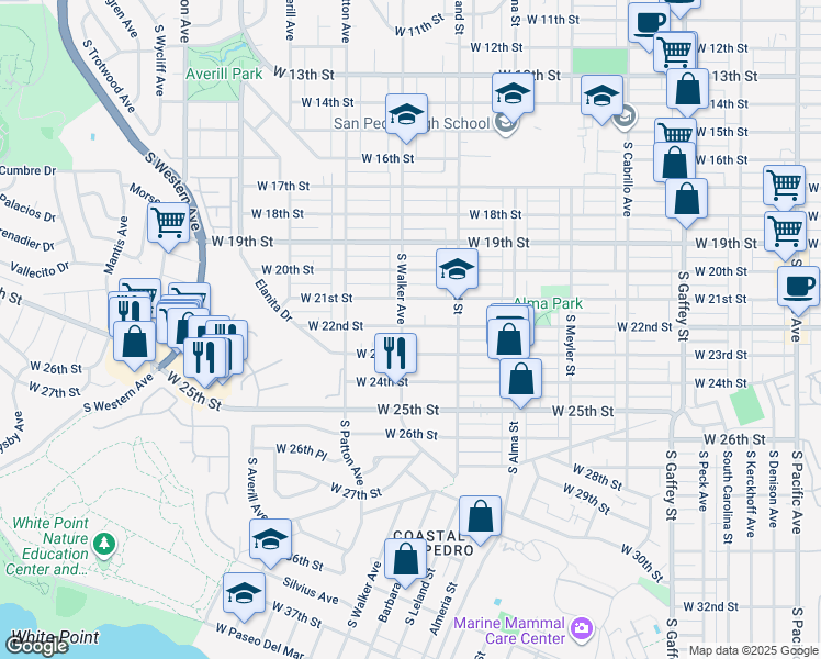 map of restaurants, bars, coffee shops, grocery stores, and more near 2141 South Walker Avenue in Los Angeles