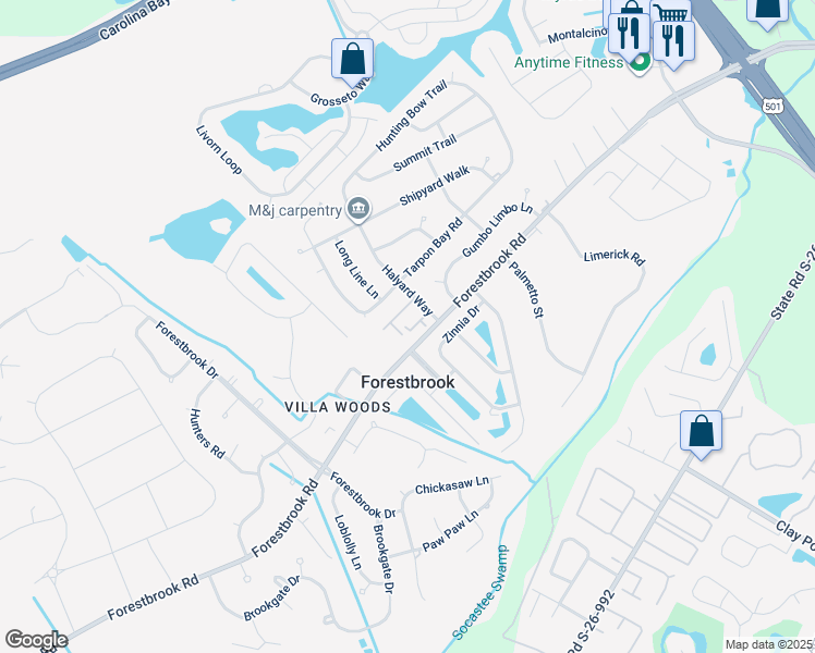 map of restaurants, bars, coffee shops, grocery stores, and more near 3941 Halyard Way in Myrtle Beach