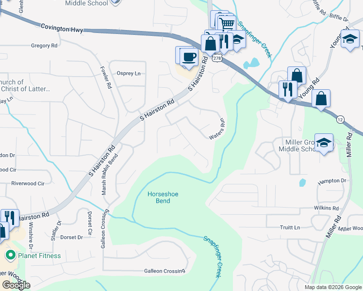 map of restaurants, bars, coffee shops, grocery stores, and more near 2310 Highbank Court in Decatur
