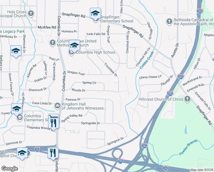 map of restaurants, bars, coffee shops, grocery stores, and more near 3559 Troutdale Court in Decatur