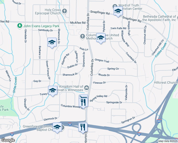 map of restaurants, bars, coffee shops, grocery stores, and more near 2223 Columbia Drive in Decatur