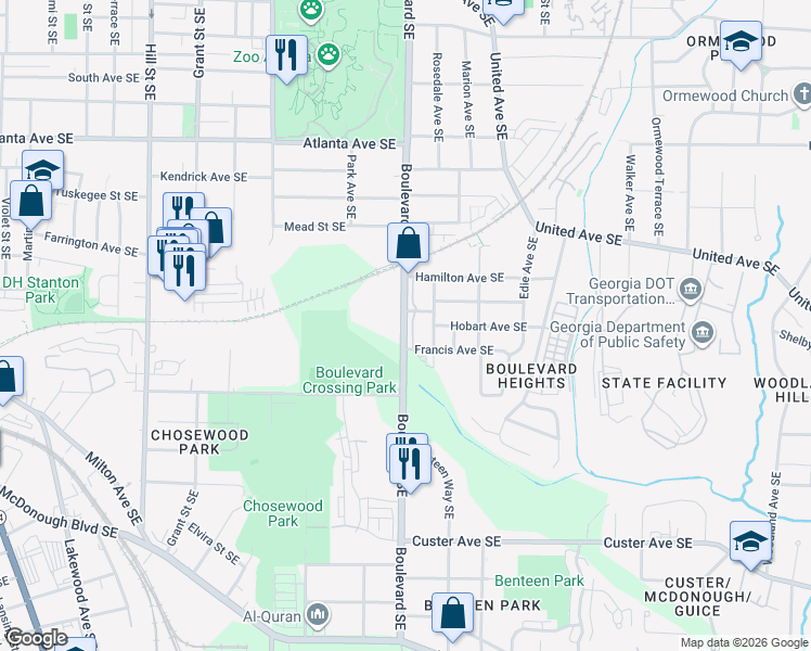 map of restaurants, bars, coffee shops, grocery stores, and more near 557 Schuyler Street Southeast in Atlanta