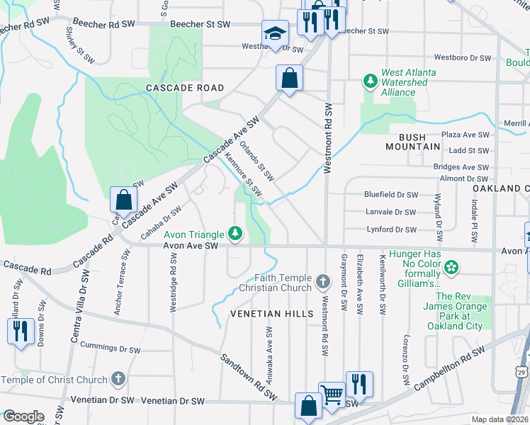 map of restaurants, bars, coffee shops, grocery stores, and more near 1617 Kenmore Street Southwest in Atlanta
