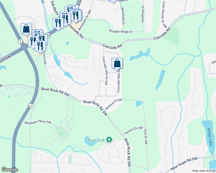 map of restaurants, bars, coffee shops, grocery stores, and more near 1150 Cascade Hills Drive Southwest in Atlanta