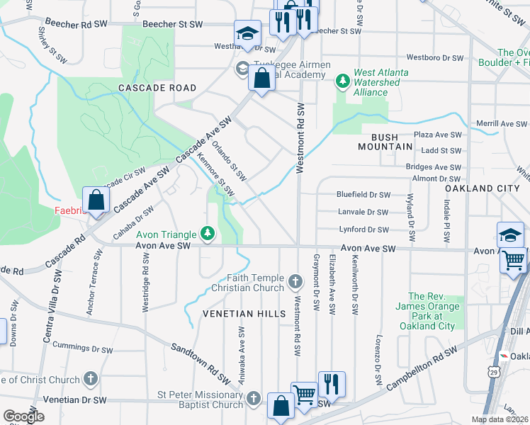 map of restaurants, bars, coffee shops, grocery stores, and more near 1576 Orlando Street Southwest in Atlanta