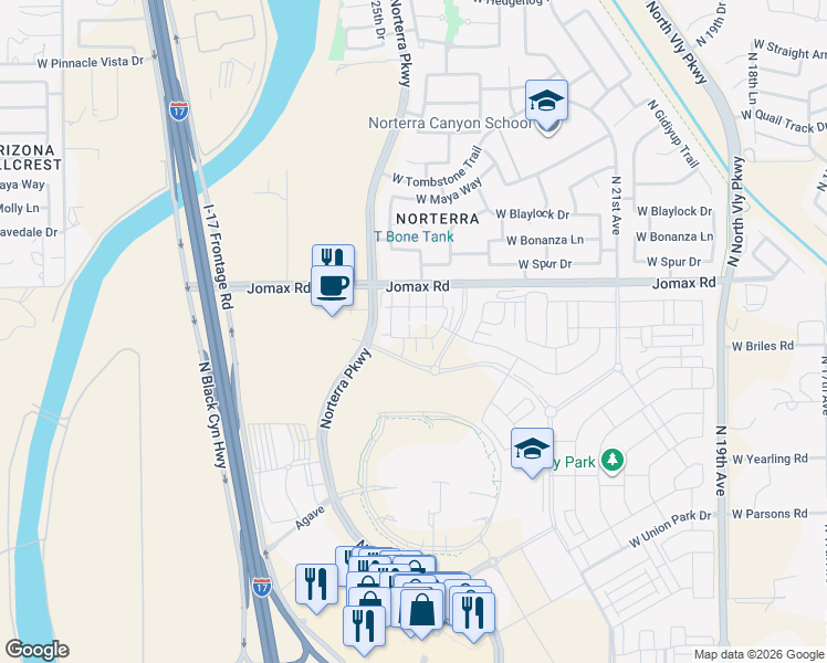 map of restaurants, bars, coffee shops, grocery stores, and more near West Jomax Road in Phoenix