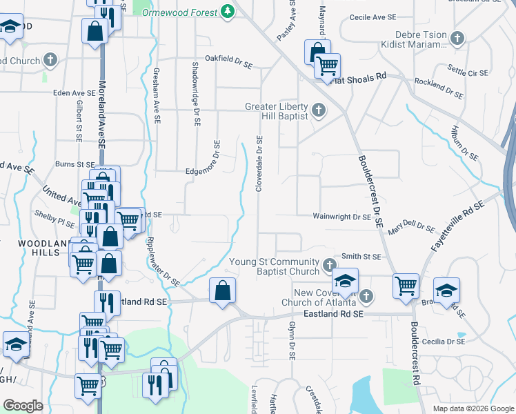 map of restaurants, bars, coffee shops, grocery stores, and more near 2261 Cloverdale Drive Southeast in Atlanta