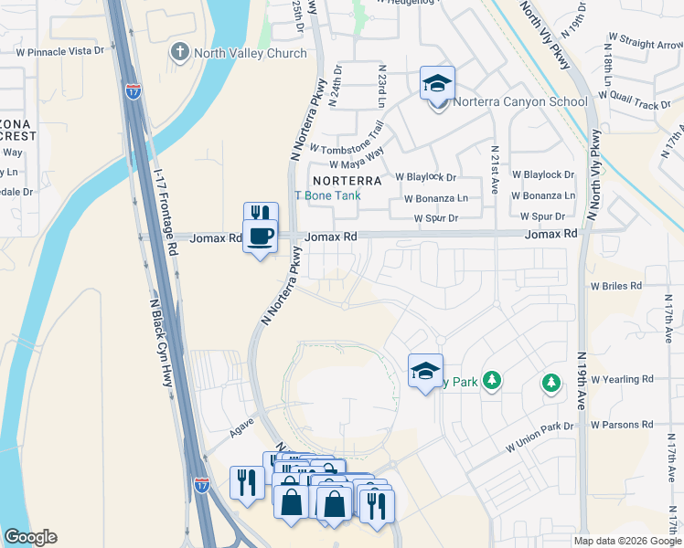 map of restaurants, bars, coffee shops, grocery stores, and more near West Jomax Road in Phoenix