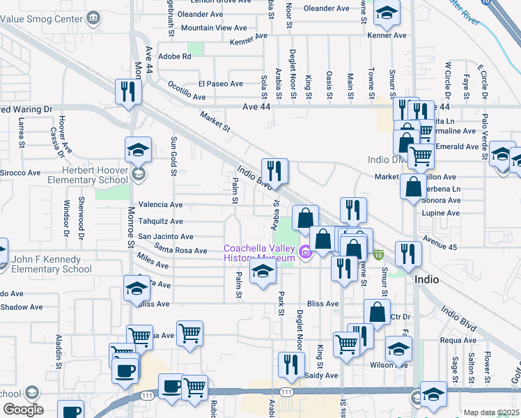 map of restaurants, bars, coffee shops, grocery stores, and more near 82481 Valencia Avenue in Indio