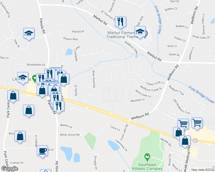 map of restaurants, bars, coffee shops, grocery stores, and more near 5477 Wellborn Creek Drive in Lithonia