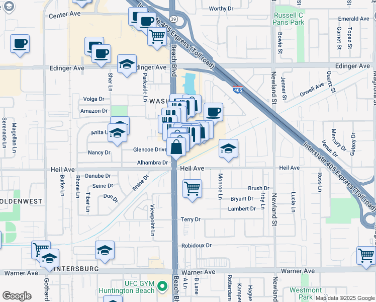 map of restaurants, bars, coffee shops, grocery stores, and more near 16364 Beach Boulevard in Westminster