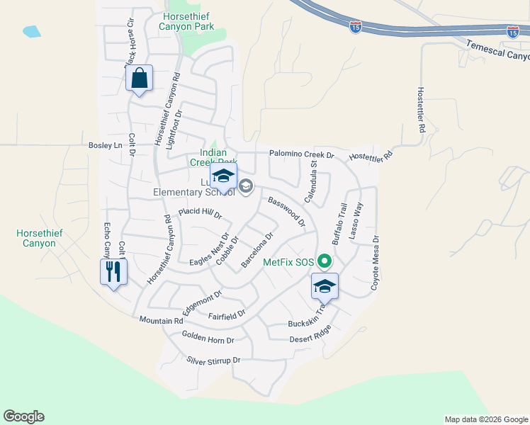 map of restaurants, bars, coffee shops, grocery stores, and more near 13601 Basswood Drive in Corona
